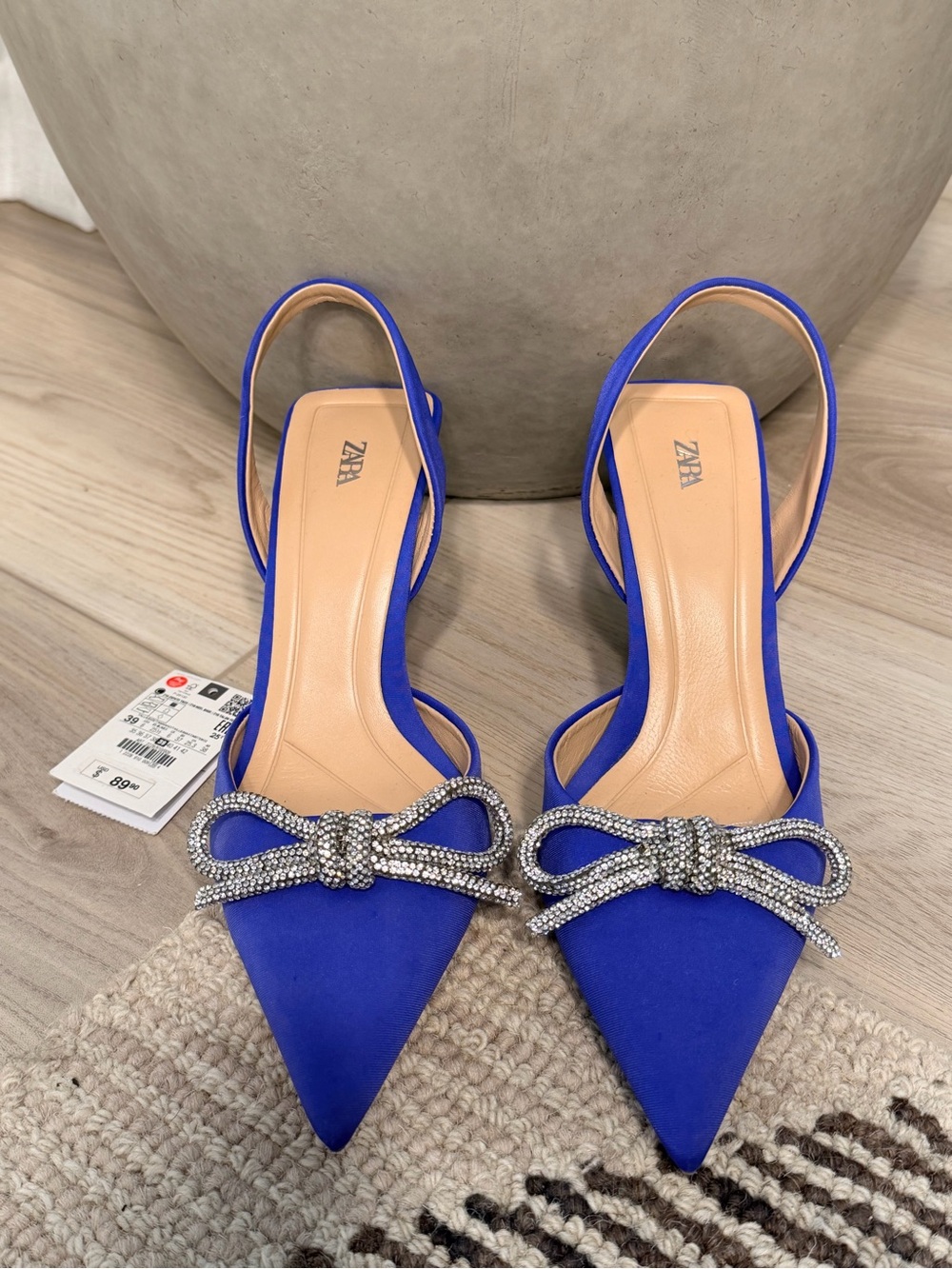 Zara Cobalt Blue Slingback Pointed Heels with Crystal Bow Accent